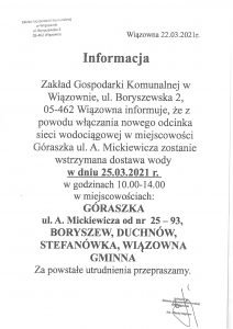 Informacja o wstrzymaniu dostawy wody w miejscowości Góraszka