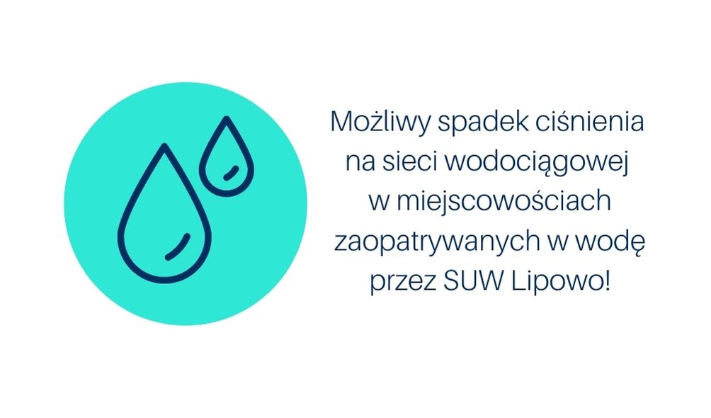 Możliwy spadek ciśnienia na sieci wodociągowej w miejscowościach zaopatrywanych w wodę przez SUW Lipowo!