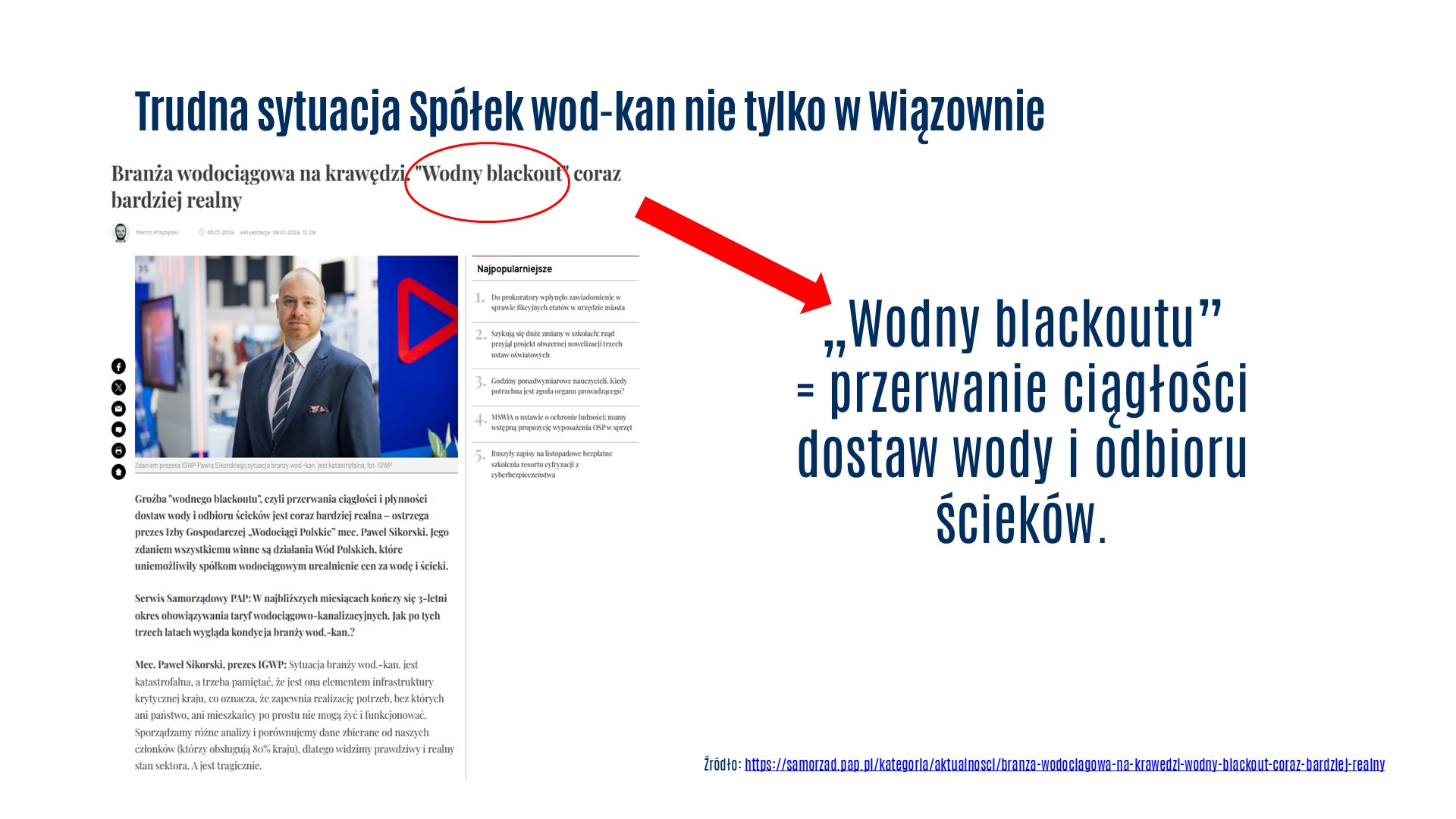 Grafika: wycinek artykułu z postacią p. Pawła Sikorskiego Prezesa IGWP. Napis Trudna sytuacja Spółkę wod-kan nie tylko w Wiązownie. Wodny blackout =przerwanie dostaw wody i odbioru ścieków.