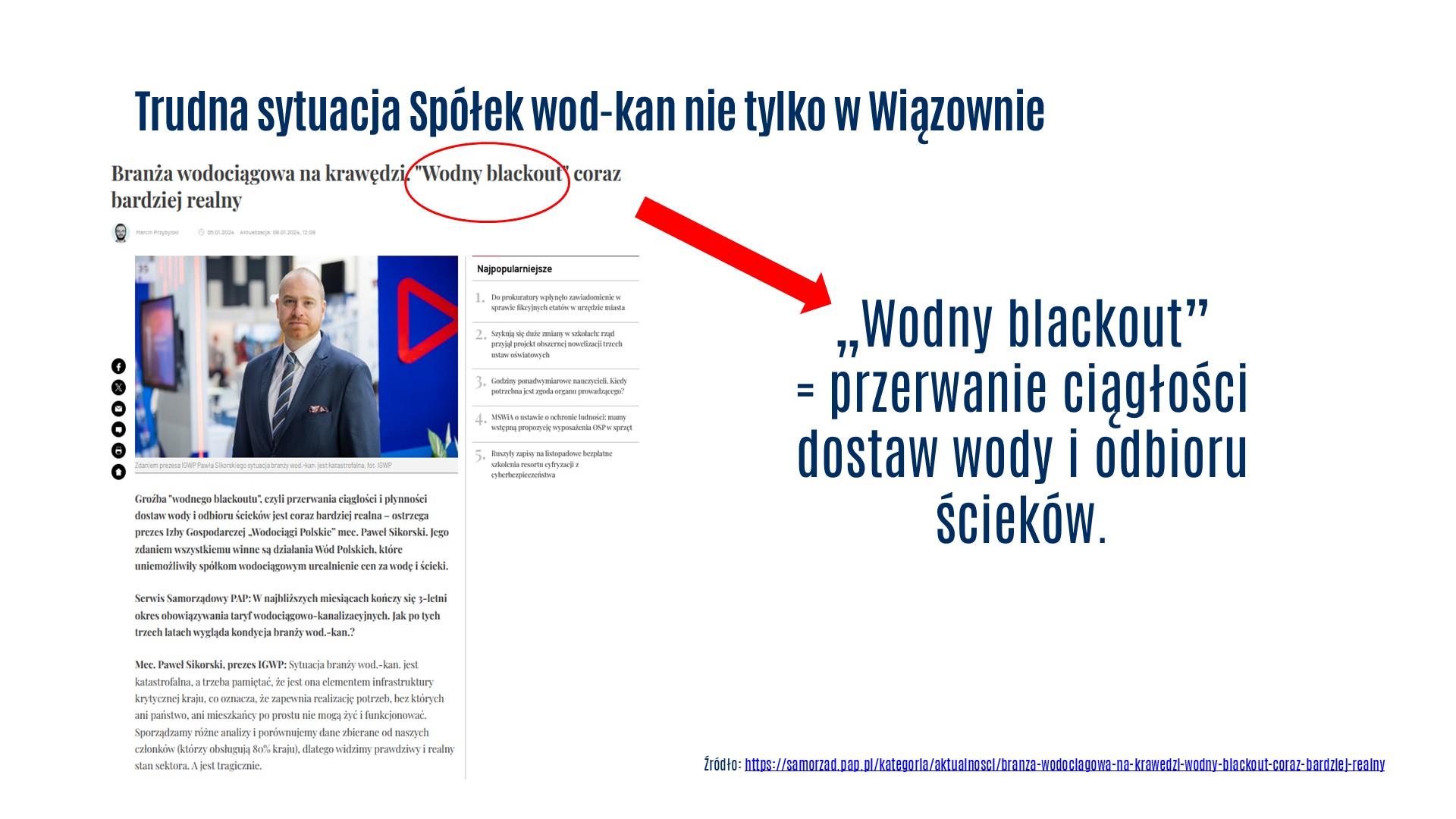 Grafika: wycinek artykułu z postacią p. Pawła Sikorskiego Prezesa IGWP. Napis Trudna sytuacja Spółkę wod-kan nie tylko w Wiązownie. Wodny blackout =przerwanie dostaw wody i odbioru ścieków.
